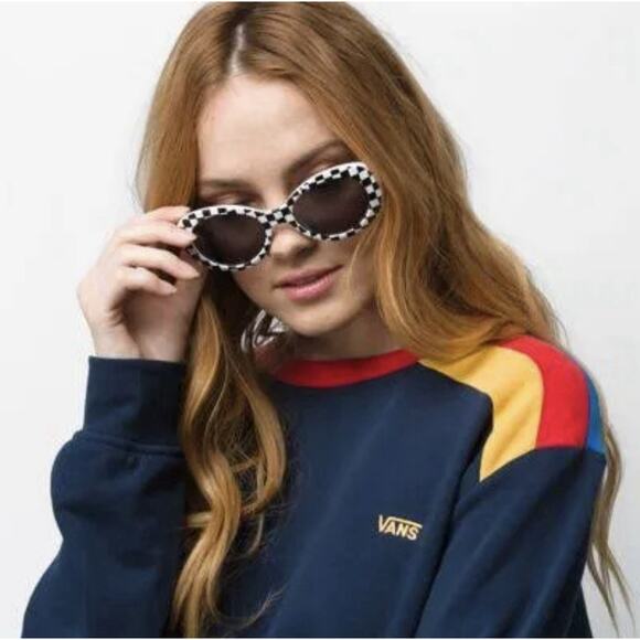 VANS Piper Sunglasses Black & White Checkerboard Logo Temple Cat Eye Shades - Picture 1 of 9